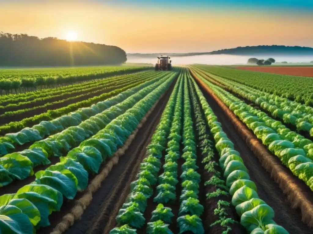 Una granja orgánica sostenible muestra filas de tomates, lechugas y zanahorias al atardecer, resaltando los beneficios agricultura orgánica sostenible