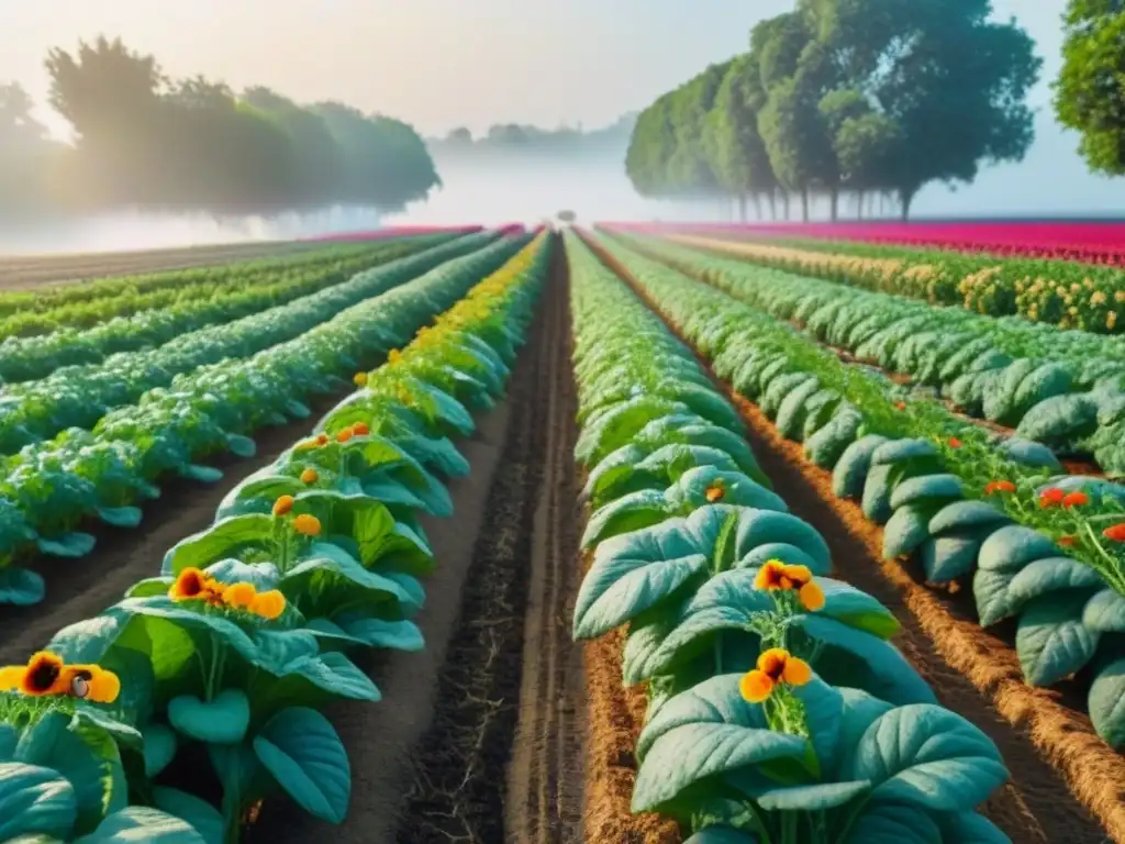 Una granja orgánica vibrante y exuberante con hileras de vegetales y frutas coloridas bajo el sol, abejas y mariposas revoloteando