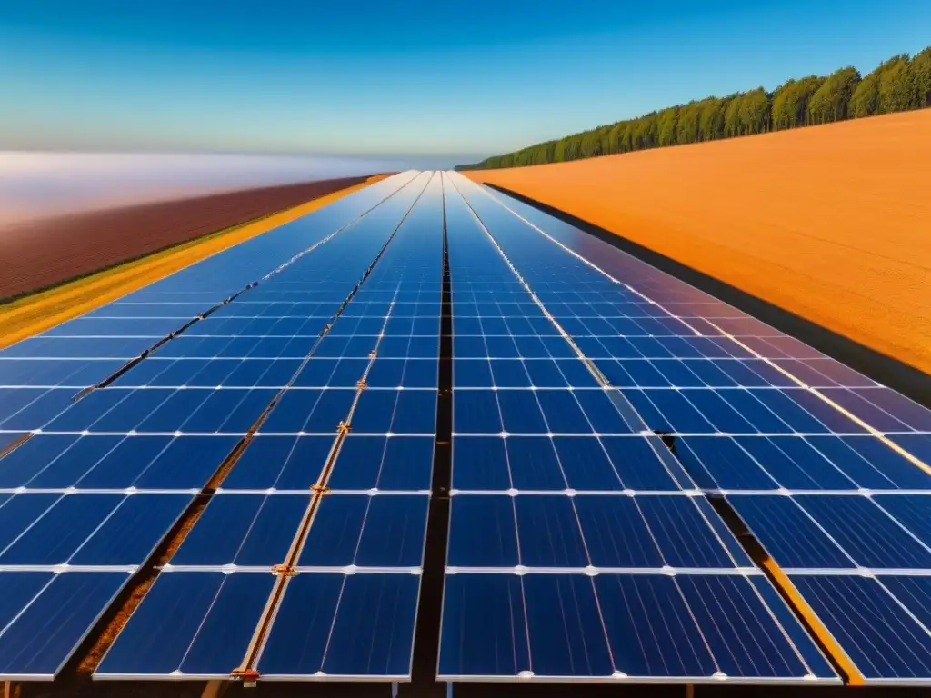 Una granja solar se extiende hacia el horizonte bajo un cielo azul, reflejando el sol con un efecto deslumbrante