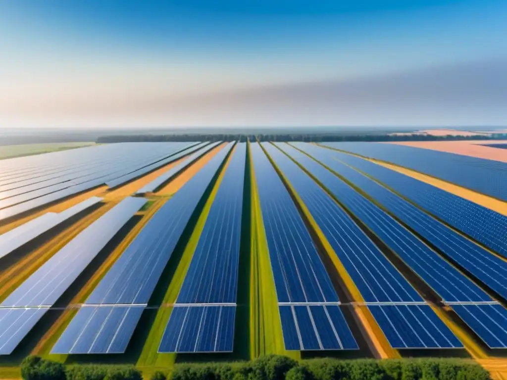 Una granja solar se extiende hacia el horizonte, con paneles relucientes bajo el sol