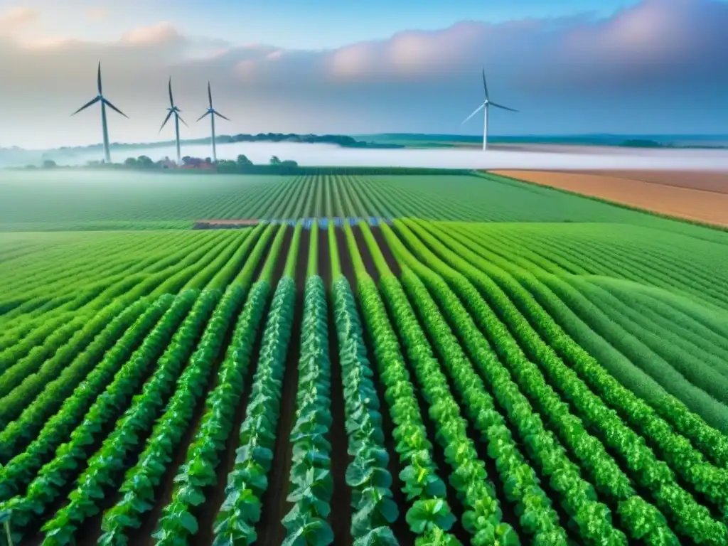 Granja sostenible con cultivos verdes, paneles solares, molinos eólicos y zona de compostaje