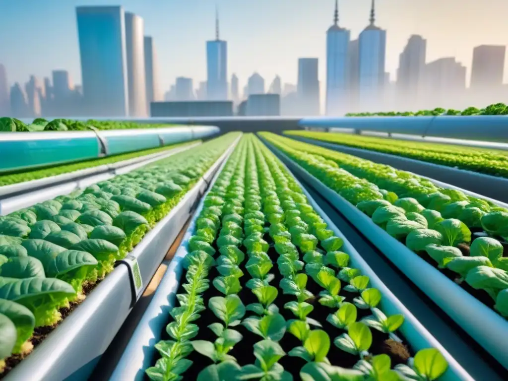 Granja urbana futurista con torres hidropónicas verticales, vegetales vibrantes y Big Data en Agricultura Urbana