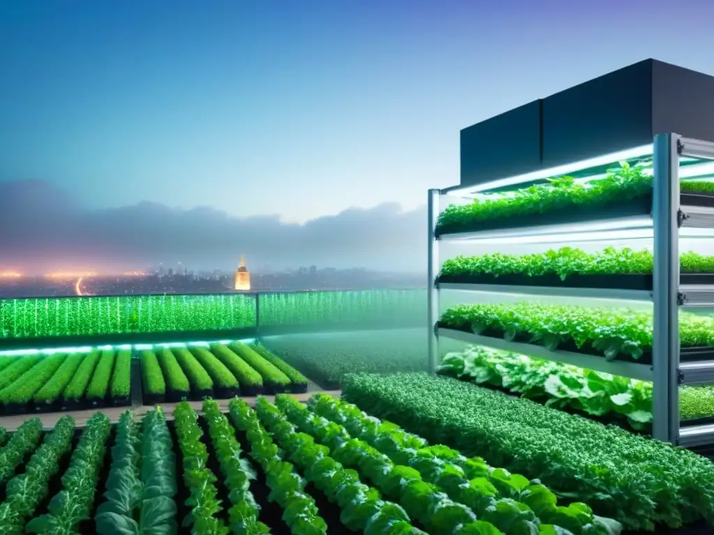 Granja vertical futurista con cultivos verdes bajo luces LED, integrando la agricultura vertical en la ciudad