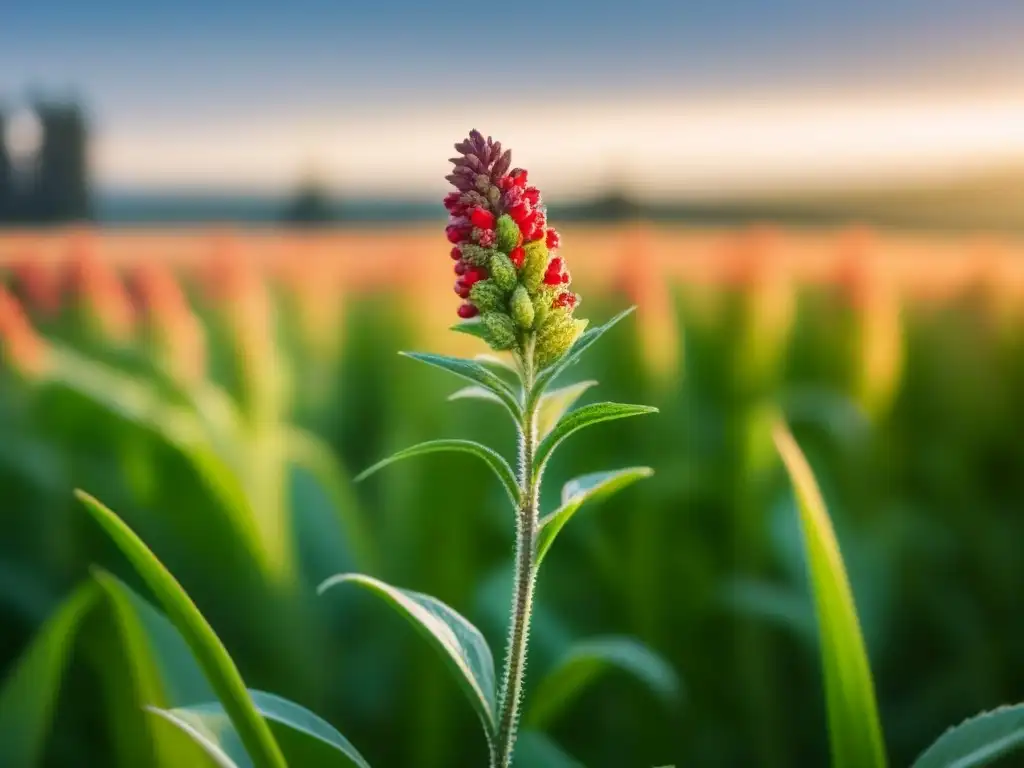 Un grano de quinoa en primer plano, mostrando su textura y belleza, con fondo difuminado de una planta de quinoa en un campo