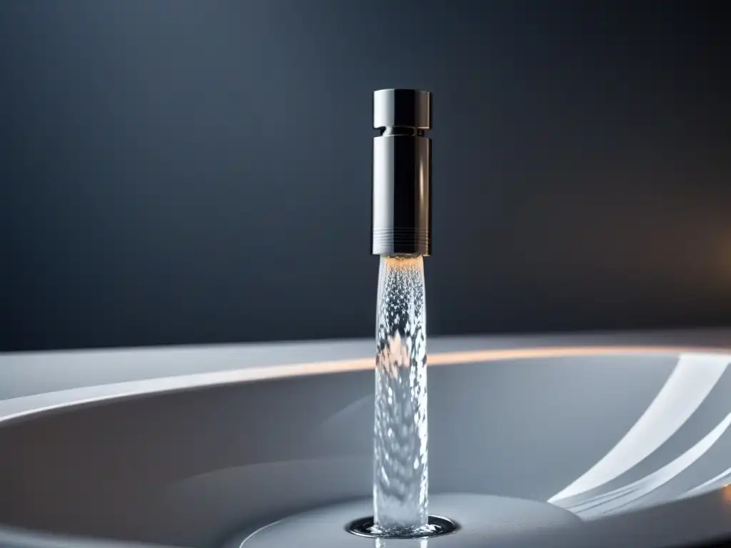 Un grifo moderno y elegante con una gota de agua, reflejando un baño