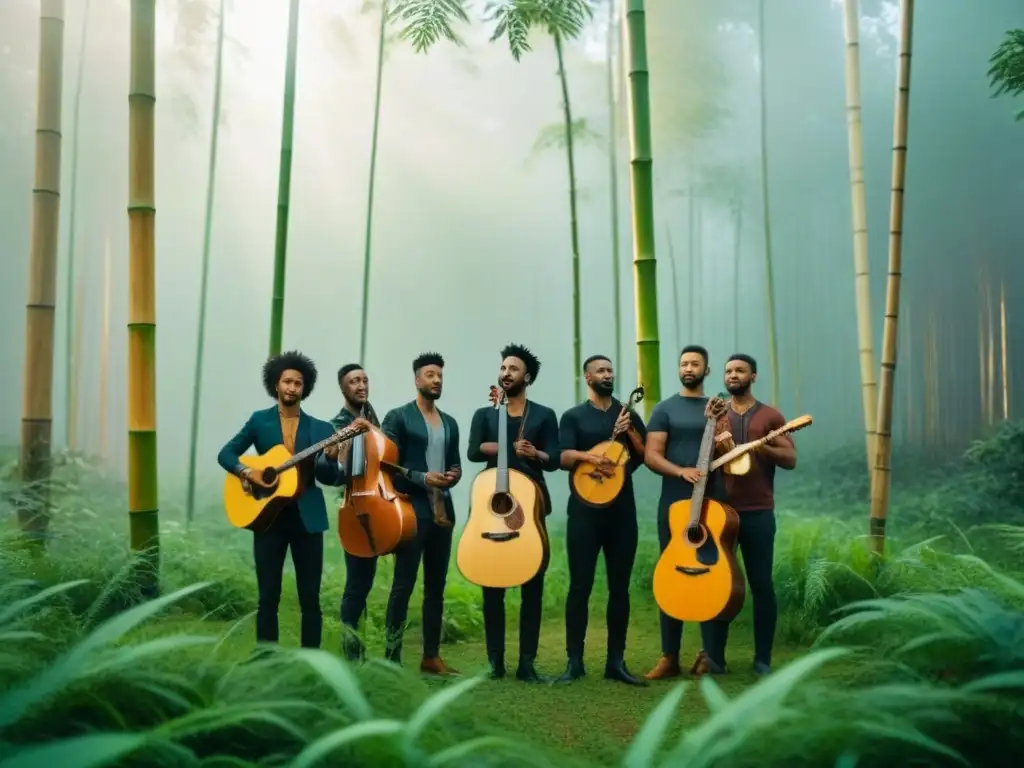 Grupo de artistas sostenibles en un bosque eco-friendly, creando música con instrumentos de materiales reciclados