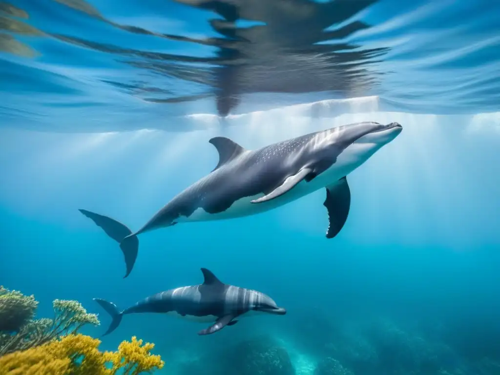 Un grupo de ballenas y delfines nadando juntos en aguas cristalinas, rodeados de flora marina colorida