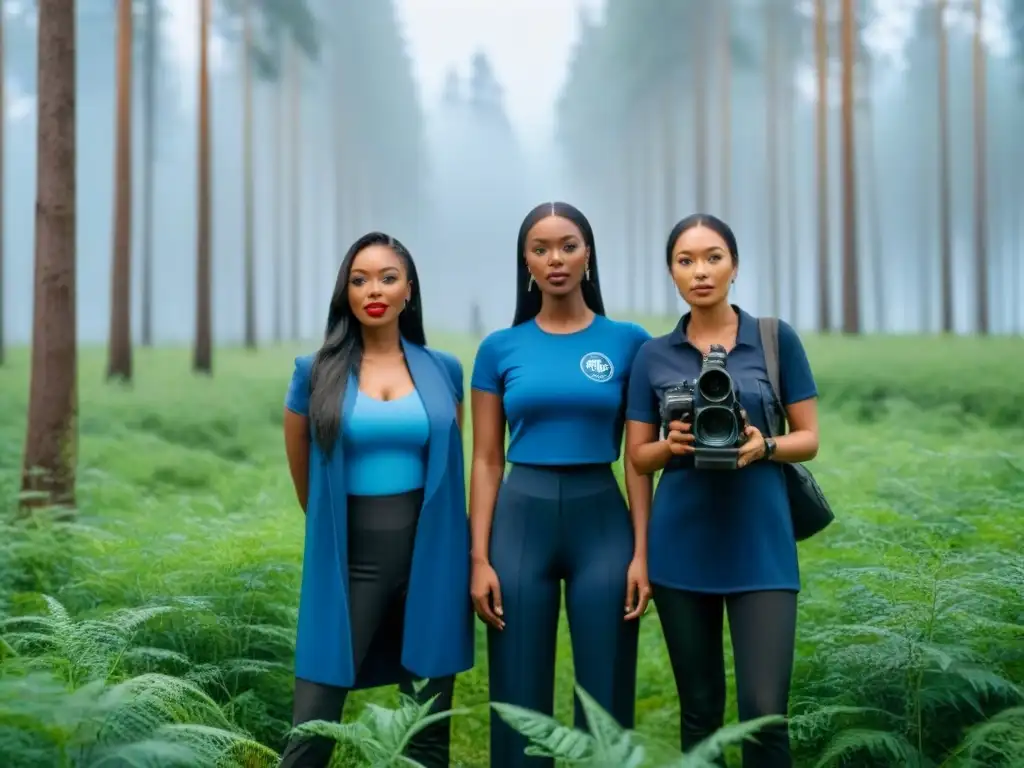 Un grupo de cineastas jóvenes documentales cambio climático unidos, rodeados de naturaleza, simbolizando su pasión y compromiso por crear conciencia