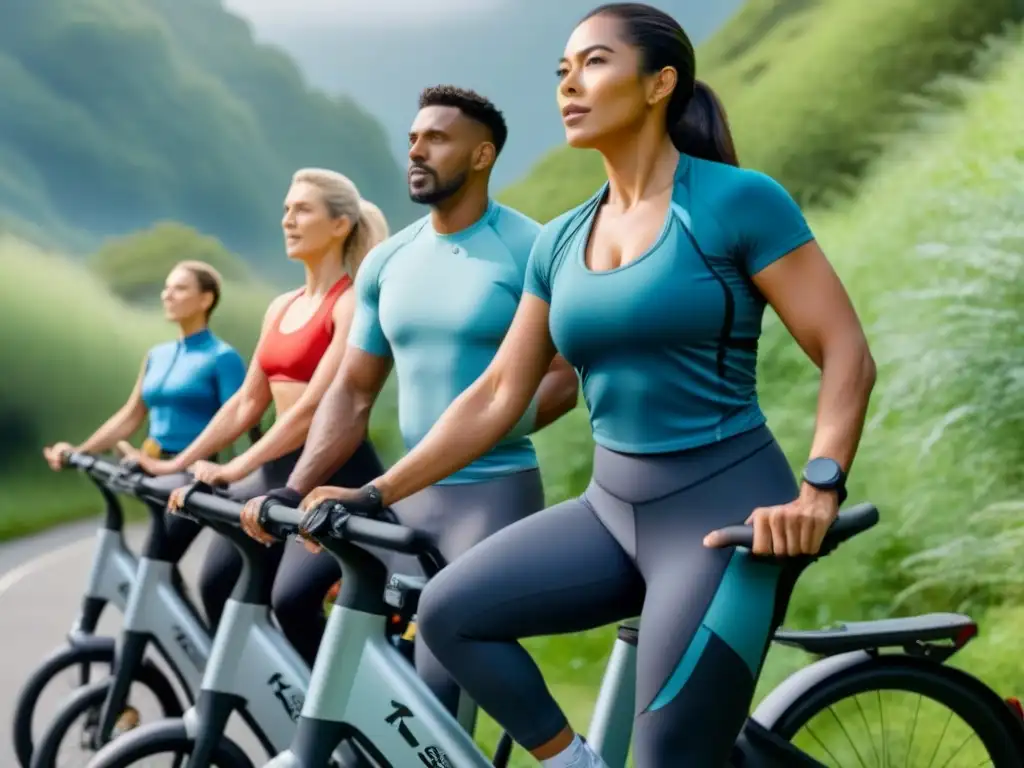 Grupo diverso en actividad física con bicicletas eléctricas en la naturaleza