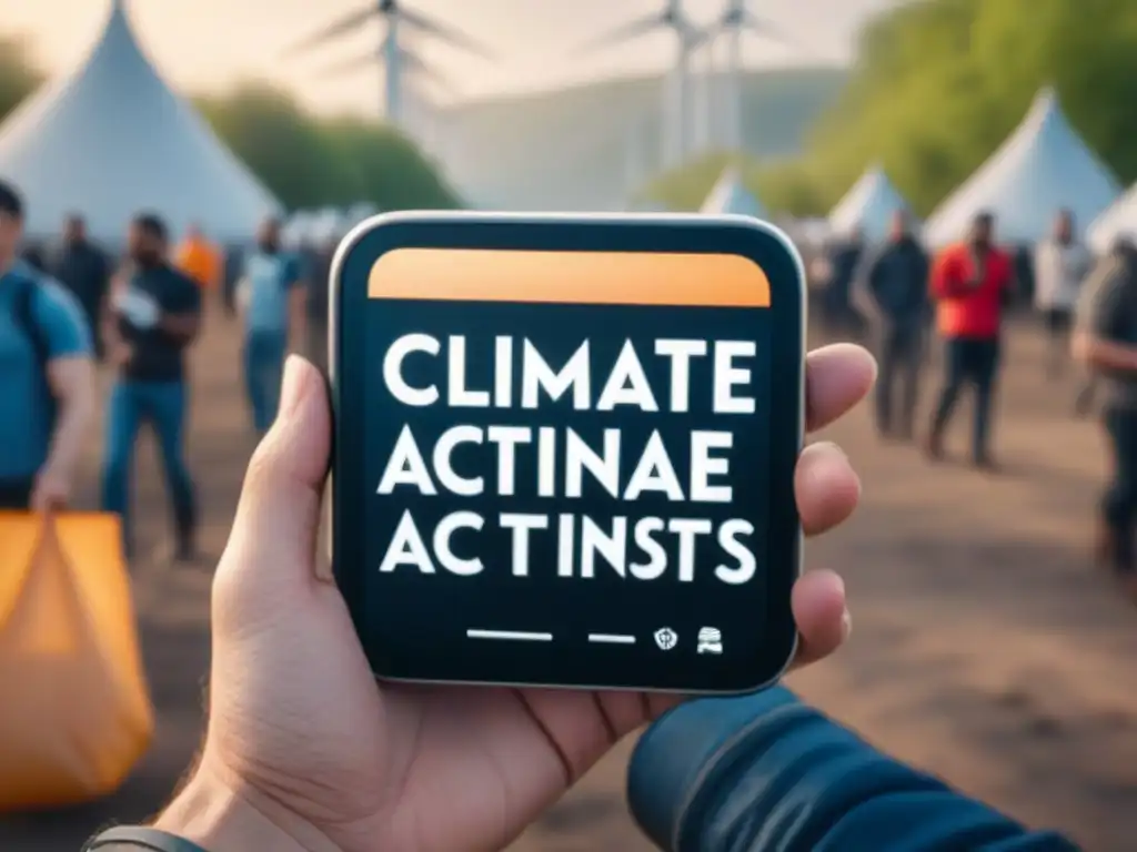 Un grupo diverso de activistas del clima con smartphones y Apps para activistas del clima