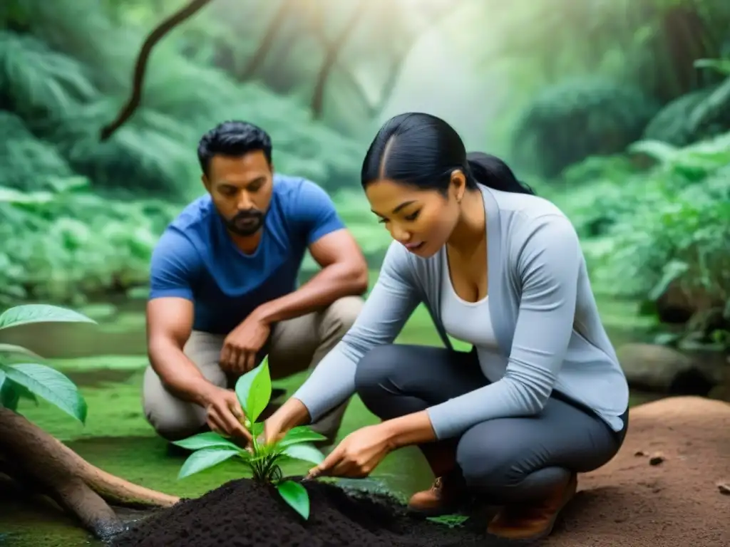 Grupo diverso de adultos en un taller ambiental, plantando árboles y discutiendo prácticas sostenibles, educación ambiental para adultos