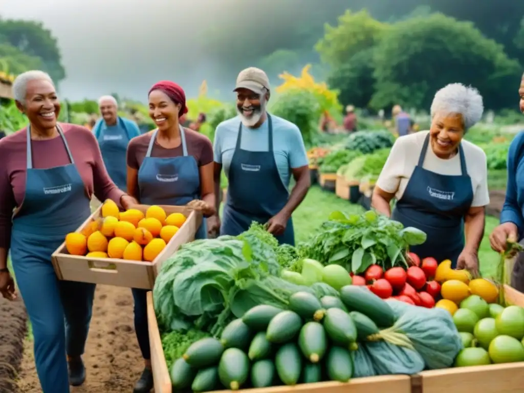 Un grupo diverso cosecha alimentos en comunidad, reflejando las tendencias sostenibles alimentación futuro