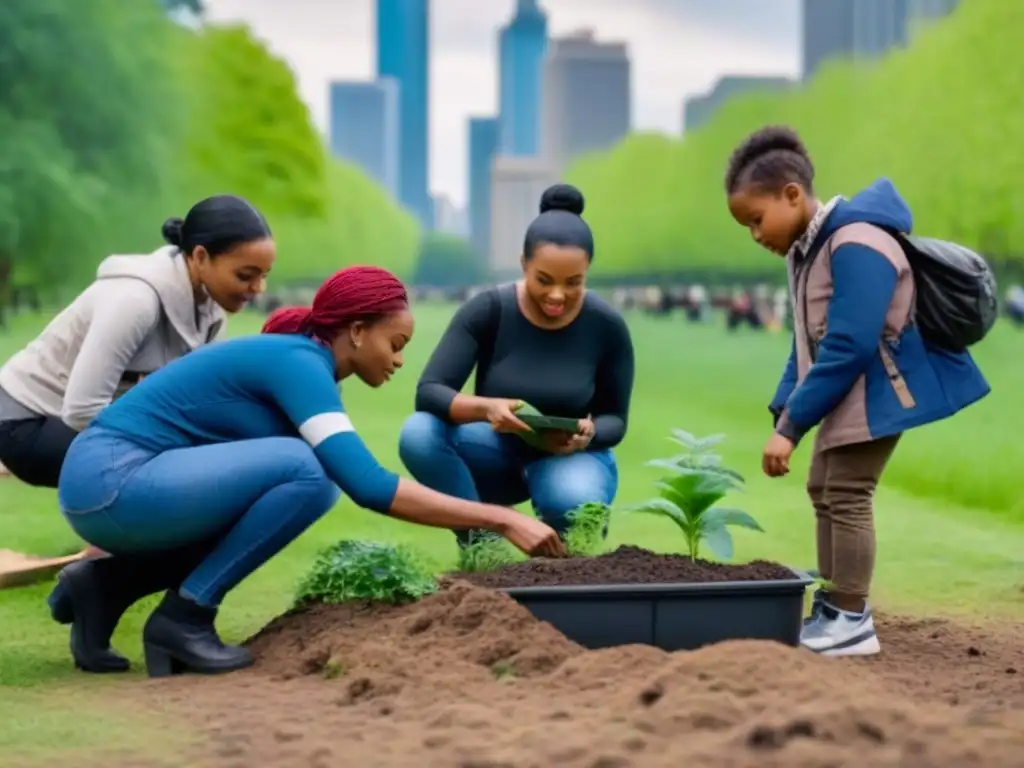 Grupo diverso disfruta educación ambiental urbana sostenible en parque, conectando con naturaleza y comunidad