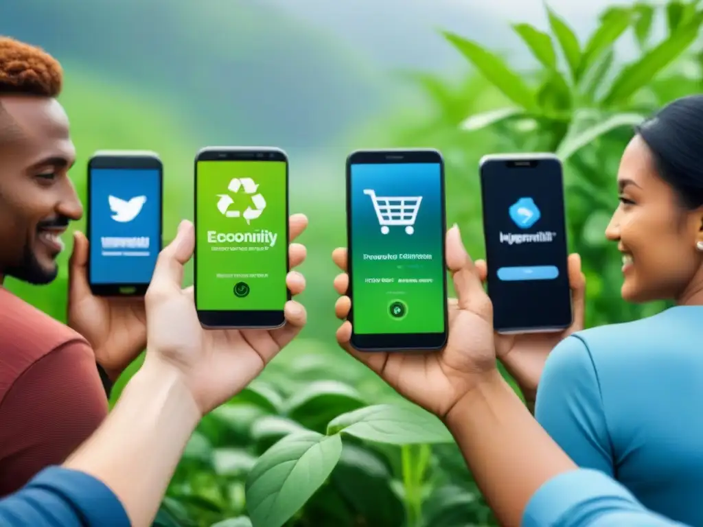 Grupo diverso usando apps para encontrar productos ecológicos en ambiente sostenible