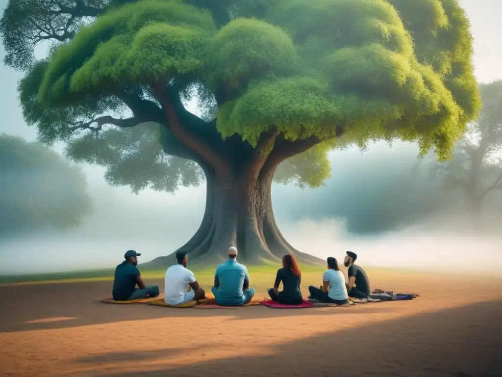 Grupo diverso dialoga en armonía bajo un árbol floreciente, simbolizando unidad y participación ciudadana en decisiones ambientales locales