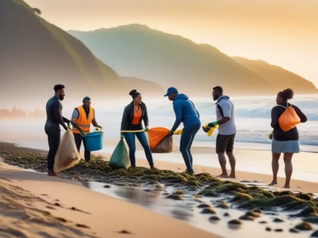 Grupo diverso recogiendo basura en playa al atardecer, demostrando un estilo de vida sostenible