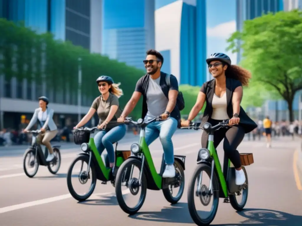 Grupo diverso en bicicletas eléctricas recorriendo la ciudad, promoviendo inclusión social y movilidad sostenible