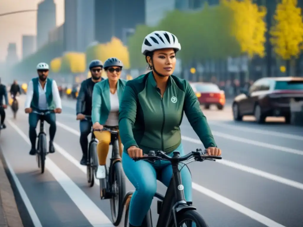 Grupo diverso en bicicletas eléctricas, promoviendo inclusión social y movilidad sostenible en la ciudad moderna