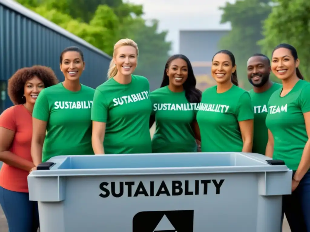 Un grupo diverso en camisetas verdes 'Equipo Sostenibilidad' recicla juntos en un centro comunitario