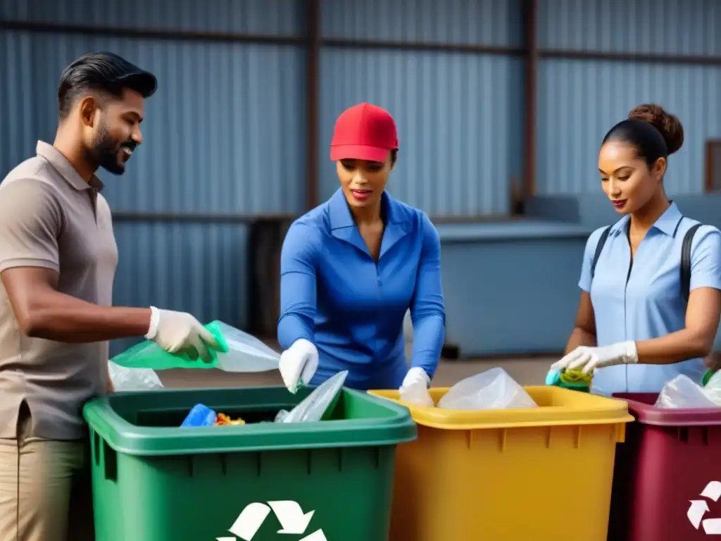 Grupo diverso colabora en centro de reciclaje, reflejando unidad y responsabilidad