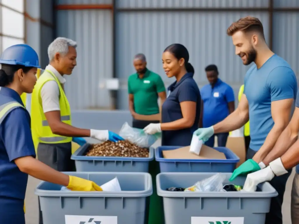 Un grupo diverso colabora en un centro de reciclaje moderno