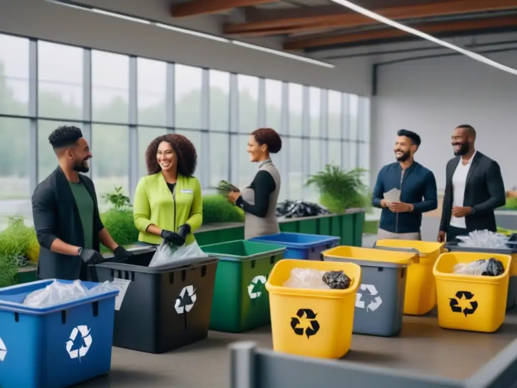 Un grupo diverso colabora en un centro de reciclaje moderno y elegante