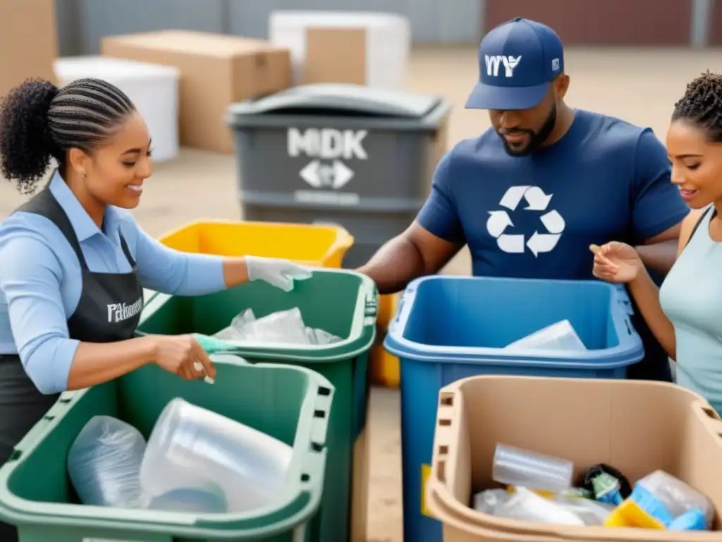 Un grupo diverso colabora armoniosamente en un centro de reciclaje, resaltando el impacto de las iniciativas de reciclaje en el área de evaluación