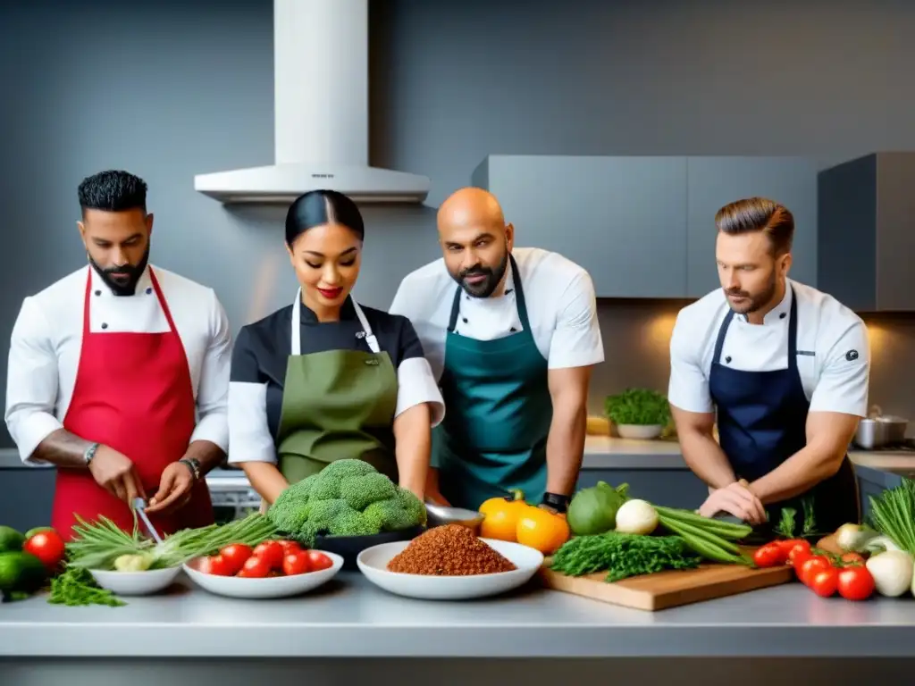 Un grupo diverso de chefs de renombre mundial preparando platillos vegetales en una cocina moderna