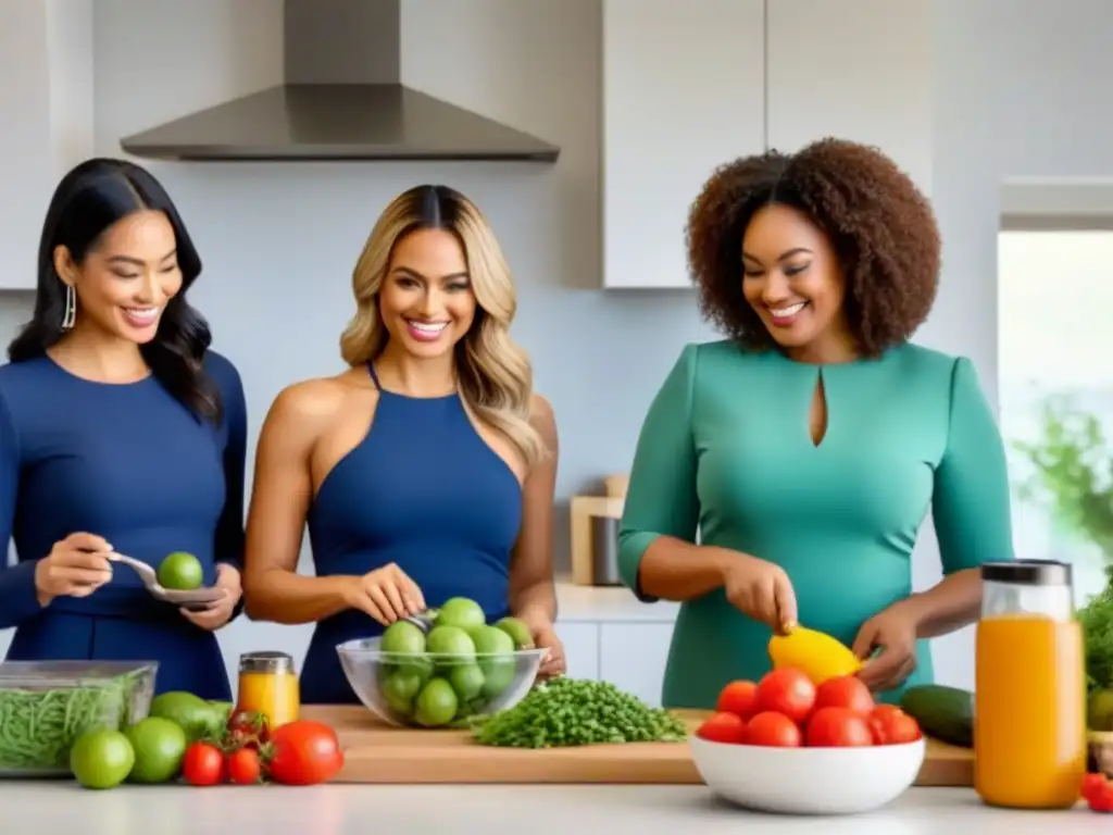 Un grupo diverso sonríe mientras cocina en una cocina luminosa y minimalista, rodeados de alimentos frescos y contenedores reutilizables