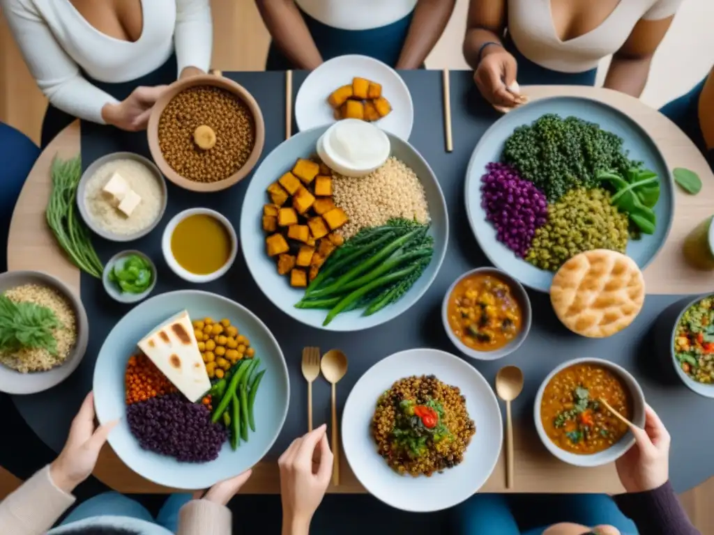 Un grupo diverso disfruta de una comida vegana en una mesa elegante