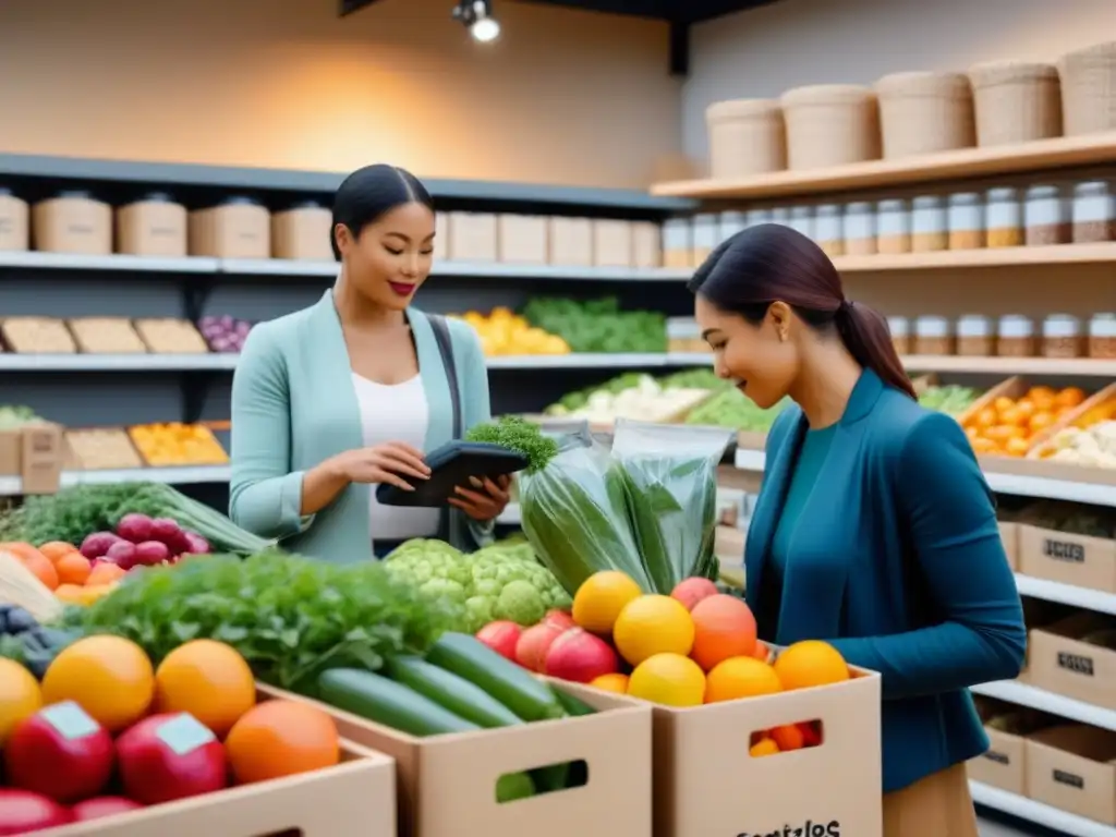 Grupo diverso compra en tienda zero waste, seleccionando alimentos sin envases