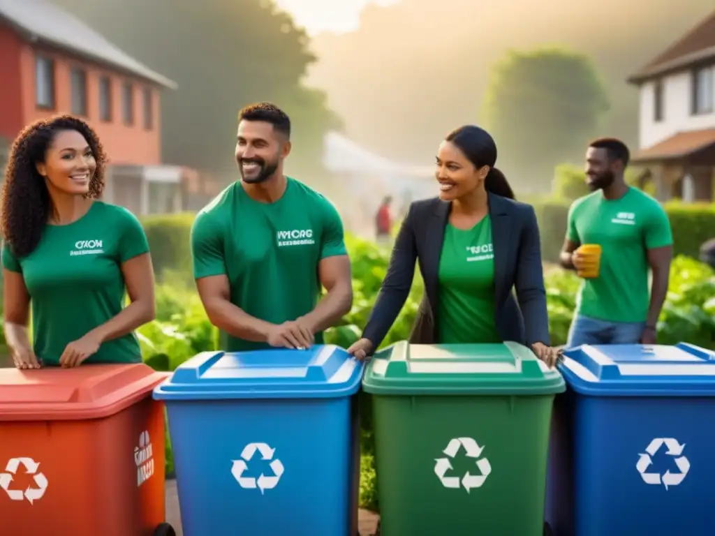 Grupo diverso en comunidad, impacto de iniciativas reciclaje, sostenibilidad y participación comunitaria