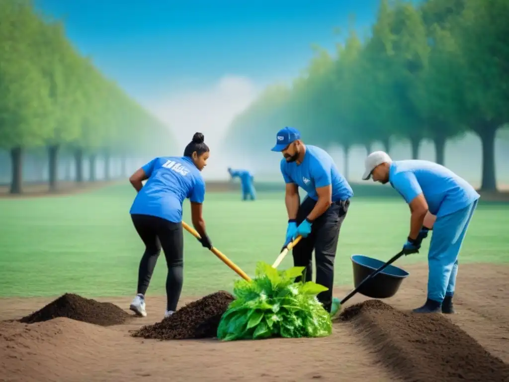 Un grupo diverso de la comunidad colabora en la limpieza de un parque bajo un cielo azul