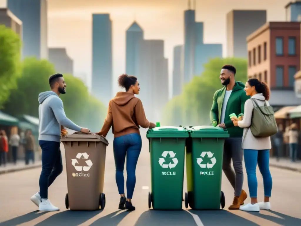 Un grupo diverso en comunidad recicla papel, plástico y latas