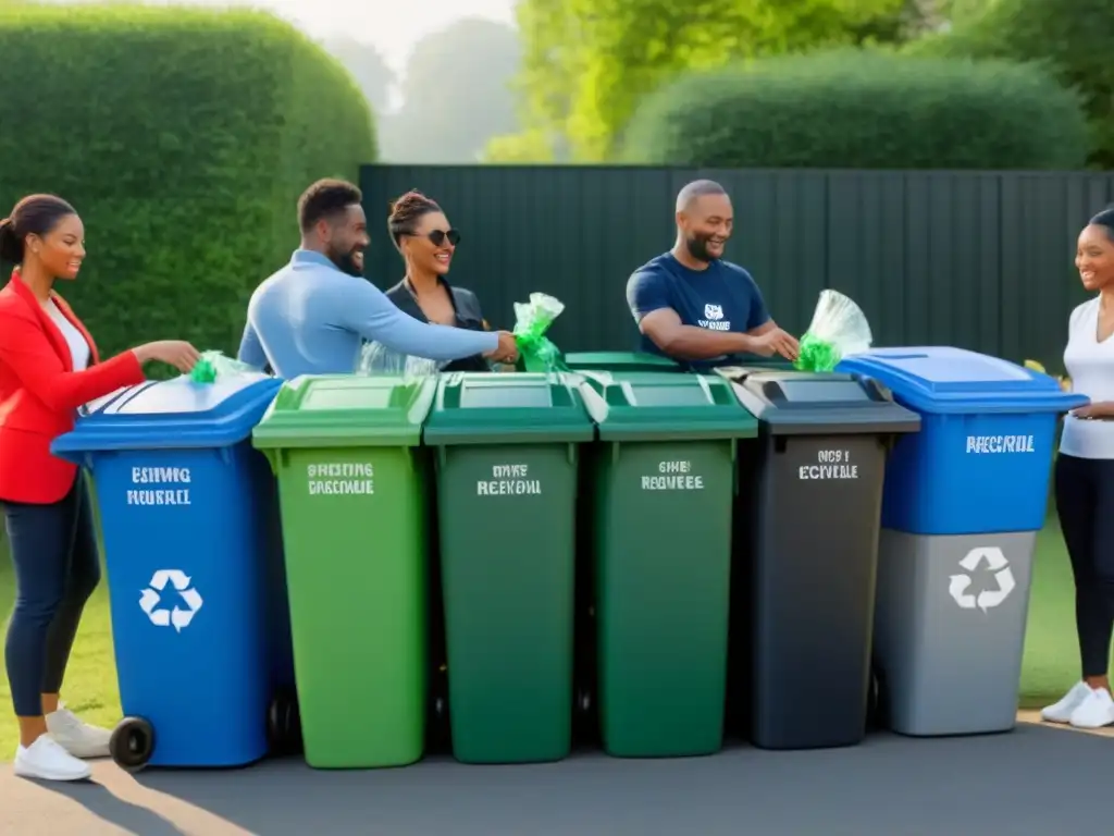 Grupo diverso en comunidad reciclando en puntos de recogida