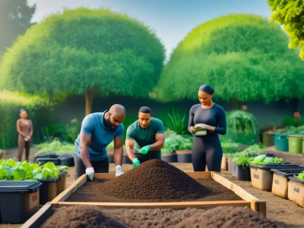 Un grupo diverso colabora en un jardín comunitario, rodeado de vegetación exuberante y contenedores de compostaje