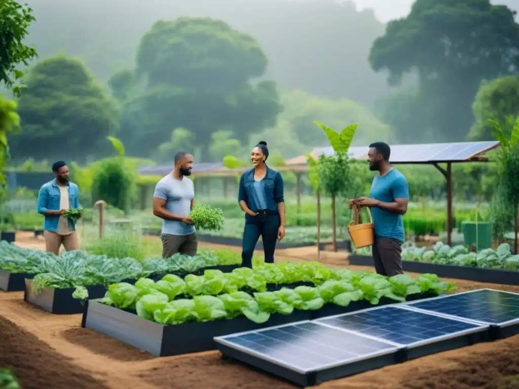 Un grupo diverso colabora en un jardín comunitario sostenible