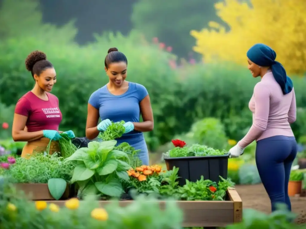 Un grupo diverso en un jardín comunitario, unidos en talleres de reciclaje y compostaje