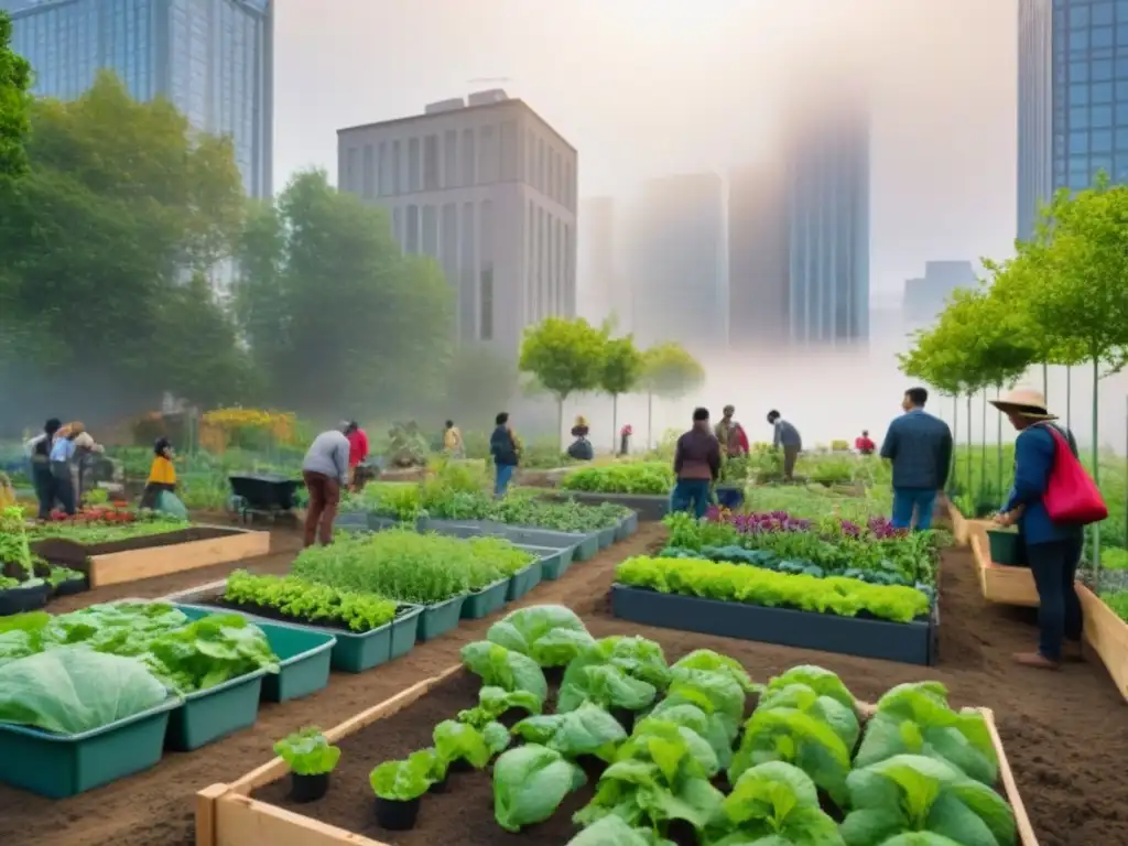 Grupo diverso en jardín comunitario urbano sostenible, cultivando y cuidando plantas