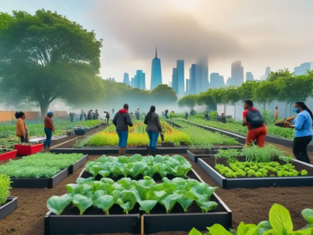 Un grupo diverso cuida un jardín comunitario urbano sostenible