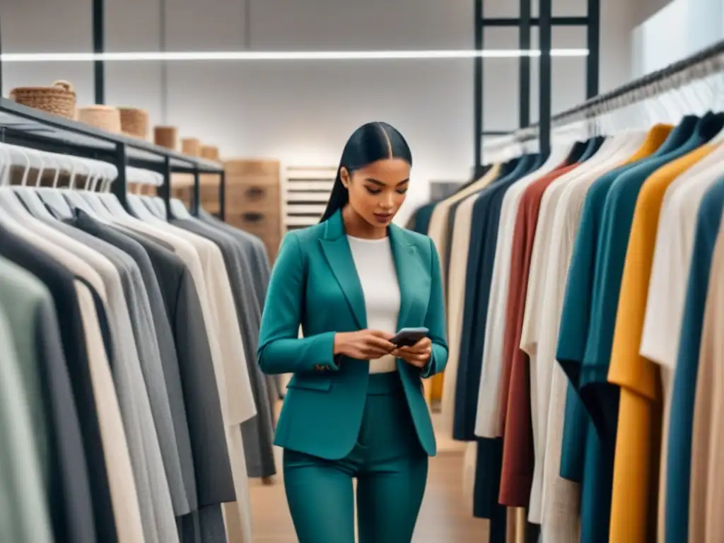 Grupo diverso elige con conciencia moda sostenible en tienda moderna y elegante, enfocados en etiquetas y materiales