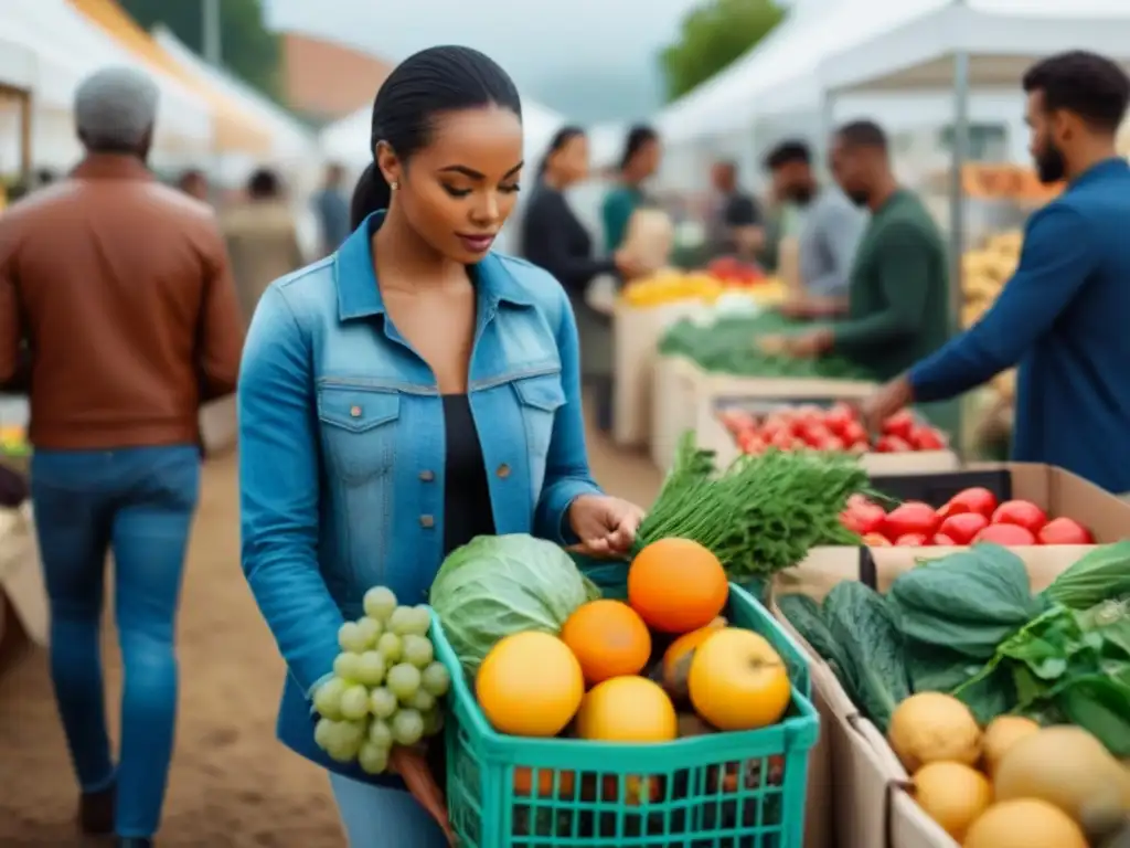 Un grupo diverso y consciente selecciona productos frescos en un mercado local, promoviendo un estilo de vida saludable y sostenible