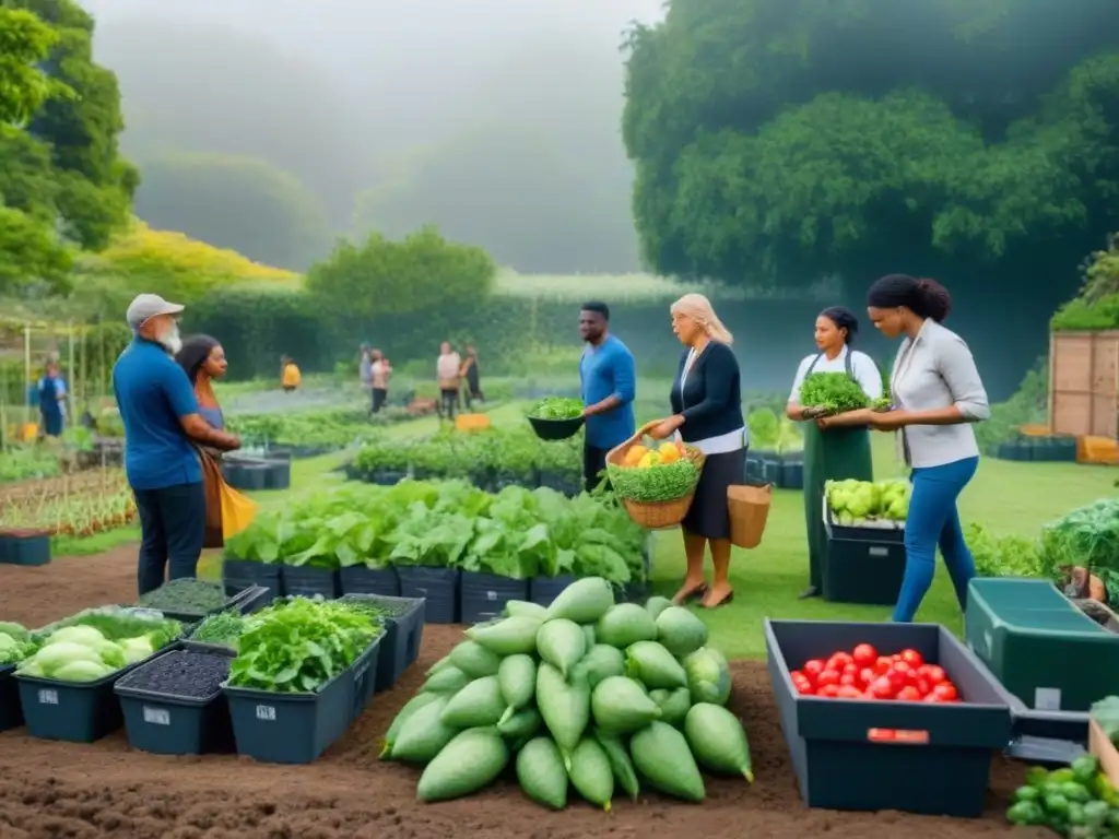 Un grupo diverso cosecha y empaqueta alimentos frescos en un huerto comunitario, destacando el impacto de reducir el desperdicio alimentario