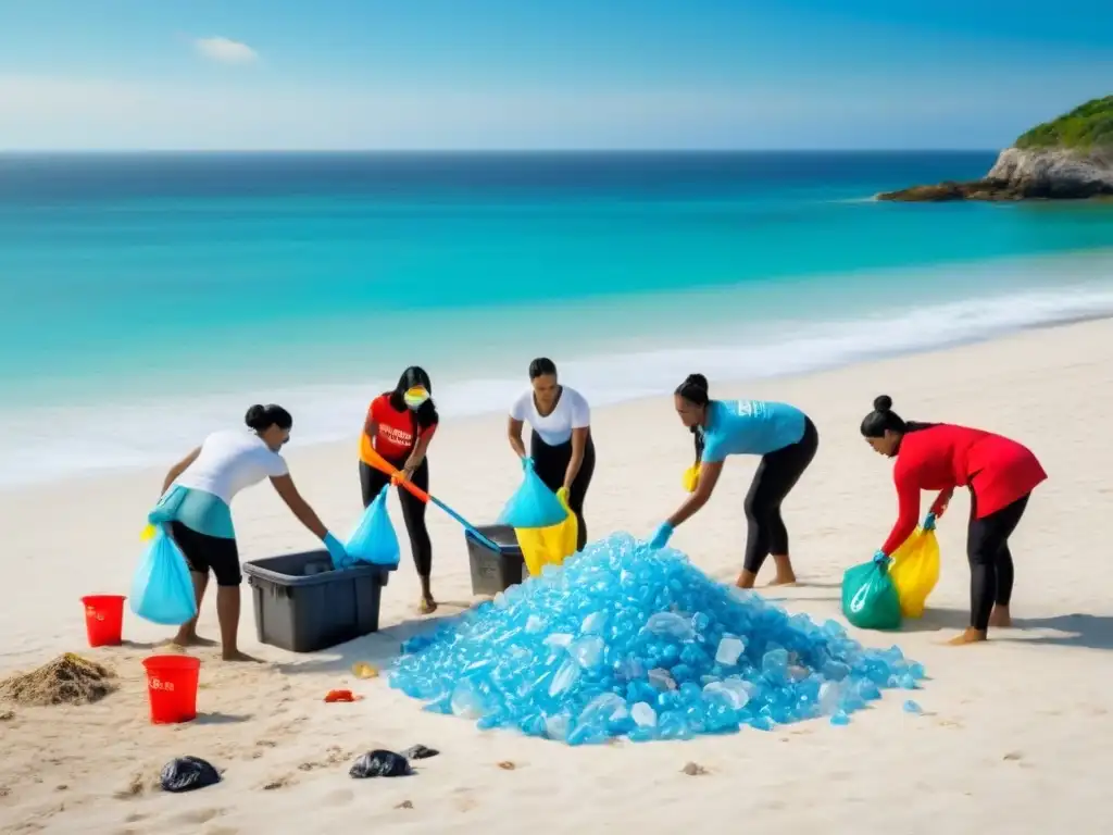 Grupo diverso recogiendo desechos en playa, promoviendo importancia de rechazar desechables en estilo de vida