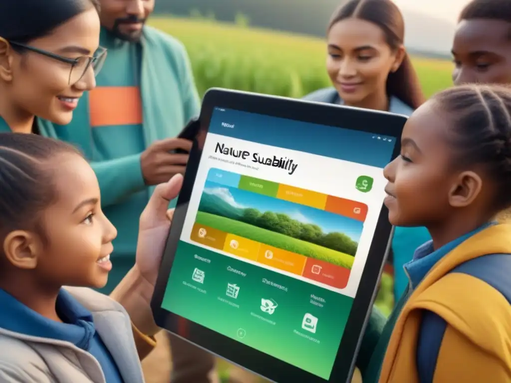 Grupo diverso todas edades aprendiendo sostenibilidad en app educativa