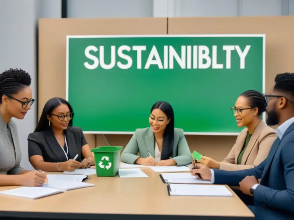 Grupo diverso de educadores en taller de sostenibilidad y residuo cero Un grupo diverso de educadores promueve prácticas sostenibles en un taller, rodeados de materiales ecológicos y plantas verdes