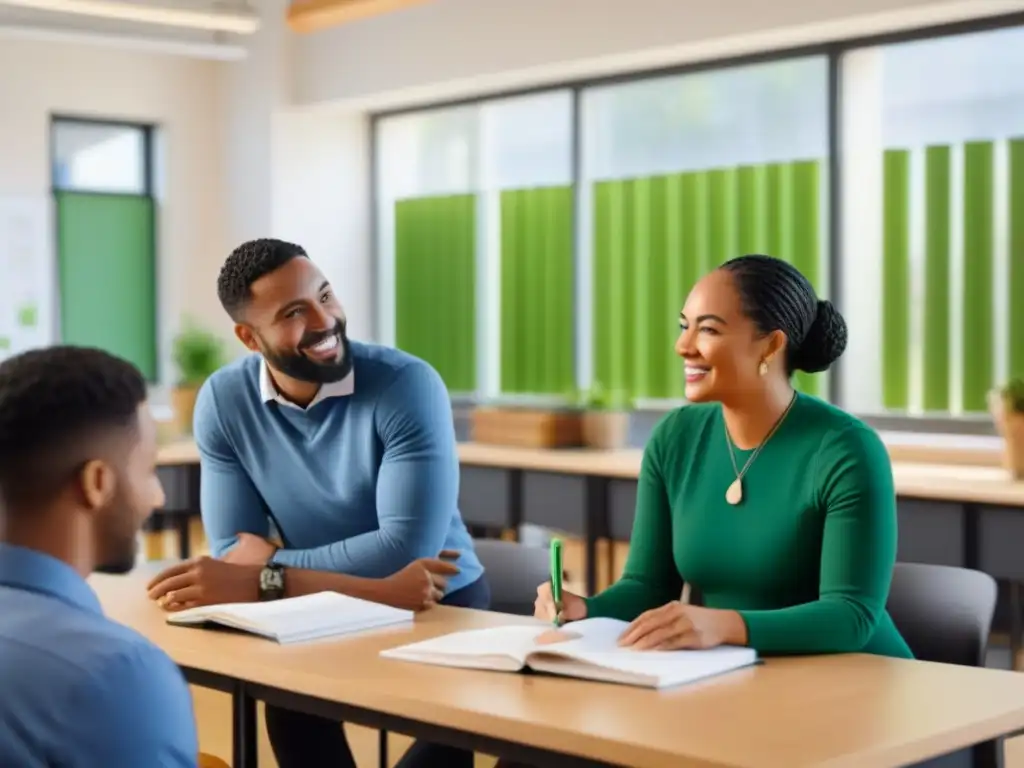 Educadores unidos por la sostenibilidad en aula inclusiva Un grupo diverso de educadores promoción prácticas sostenibles en aula vibrante