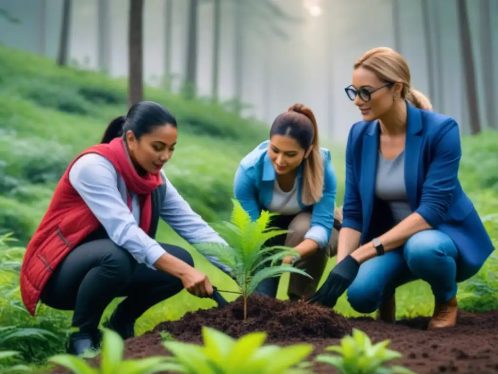 Colaboración educativa: plantando árboles en el bosque Grupo diverso de educadores promoción prácticas sostenibles plantando árboles en un bosque exuberante