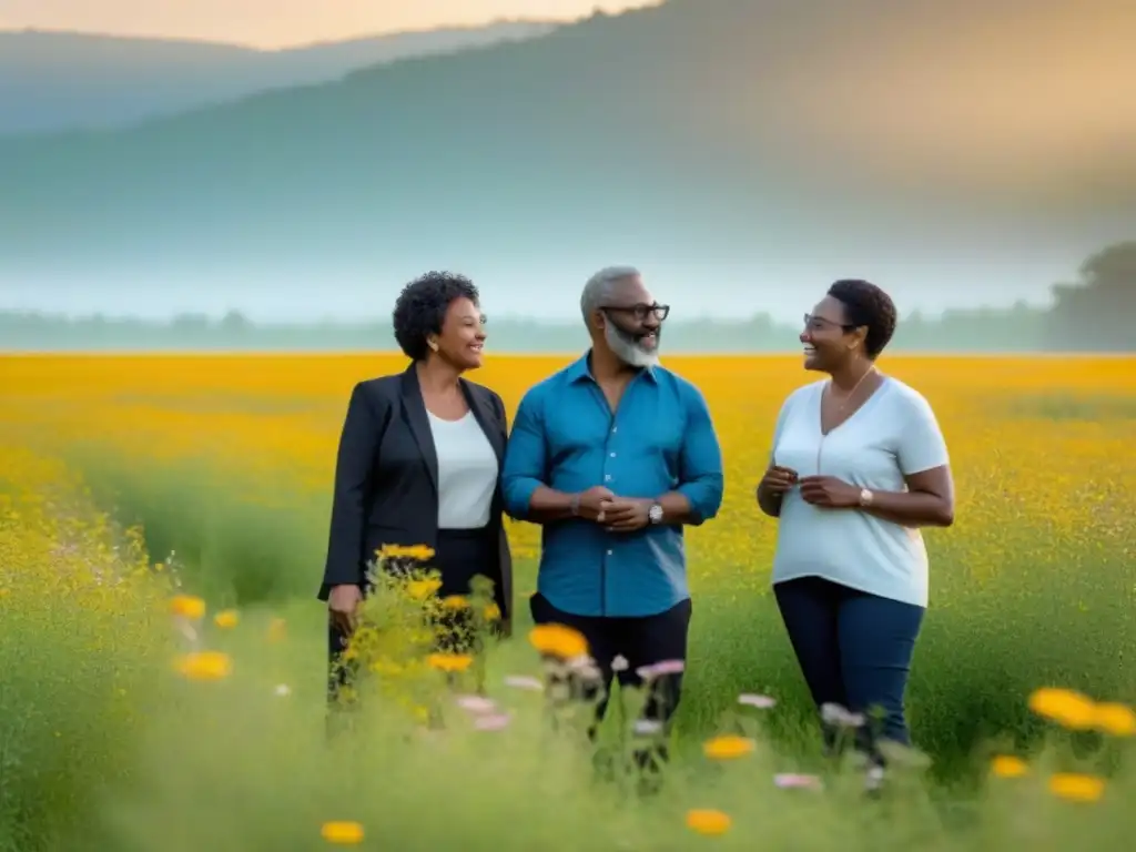 Profesores unidos por un futuro sostenible en el campo Un grupo diverso de educadores promueve prácticas sostenibles en un campo verde, con flores silvestres y un atardecer dorado al fondo