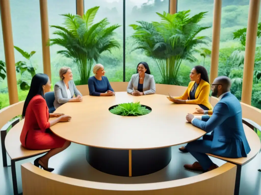 Conversación inspiradora de educadores por la sostenibilidad Un grupo diverso de educadores discute apasionadamente sobre sostenibilidad en un entorno innovador y natural